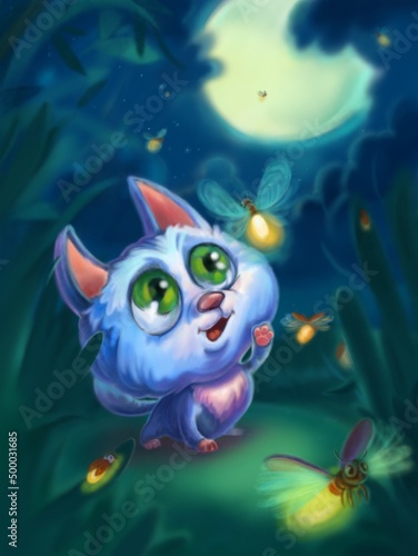 A kitten in a clearing  at night  by the light of a large moon  met with fireflies