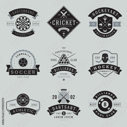 Set vintage sport game decorative logo template vector illustration. Collection retro monochrome emblem darts, cricket, hockey, soccer, football, billiard, athletic bodybuilding, billiard