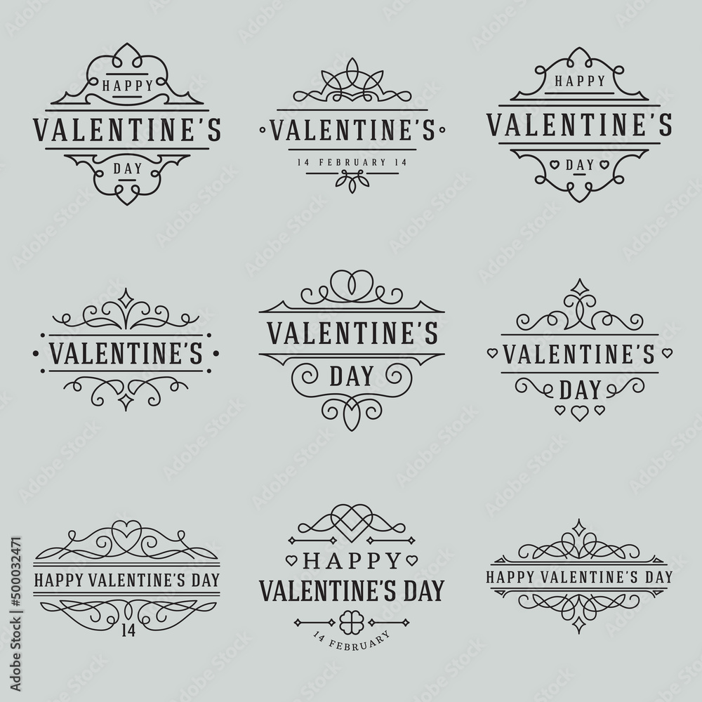 Happy Valentines Day vintage frame emblem minimalist design collection vector illustration. Set monochrome retro curved elegance border decorative old fashioned logo with place for text isolated