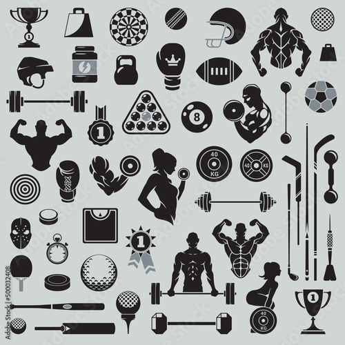 Collection minimalist sport game gym fitness silhouette icon vector illustration. Set monochrome athletic people, barbells, ball, dart, bat, kettlebell, club, boxing, muscular, protein bodybuilding