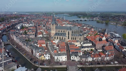 Church 'Bovenkerk' in historical city Kampen in the Netherlands. Aerial photo