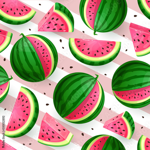Seamless pattern with watermelon slices on striped background. Vector illustration. Watermelon summer background