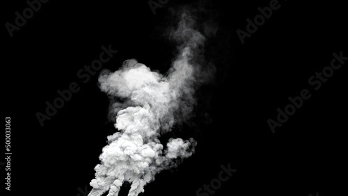 3 white smoke pollution pillars on black, isolated - object 3D illustration