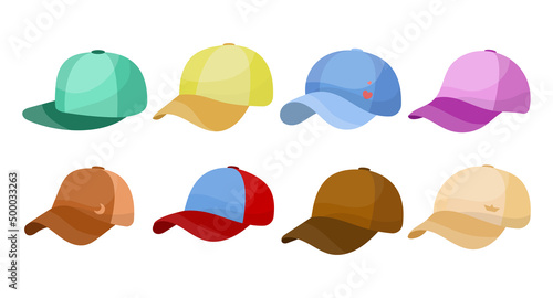 Side view of different baseball caps vector illustrations set. Sports hats with visors for children and adults isolated on white background. Headwear, fashion, summer concept