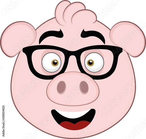Vector illustration of the face of a cartoon pig with nerd glasses