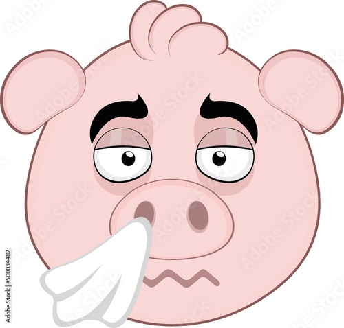 Vector illustration of the face of a cartoon pig with a cold and a handkerchief on his nose

