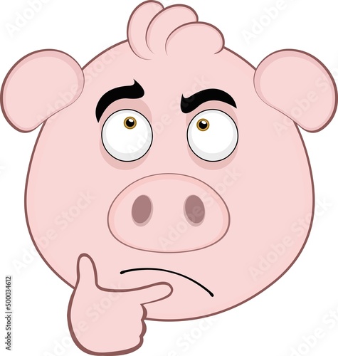 Vector illustration of a cartoon pig face with a thinking expression