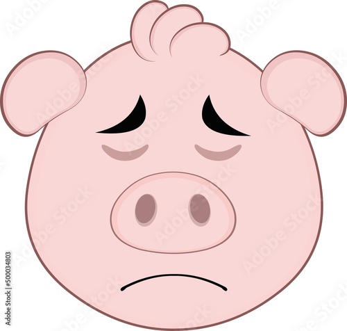 Vector illustration of the face of a cartoon pig with a sad expression