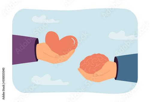 Hands holding brain and heart flat vector illustration. Balance between emotions, feelings and rational decision making. Intelligence, mind concept for banner, website design or landing web page
