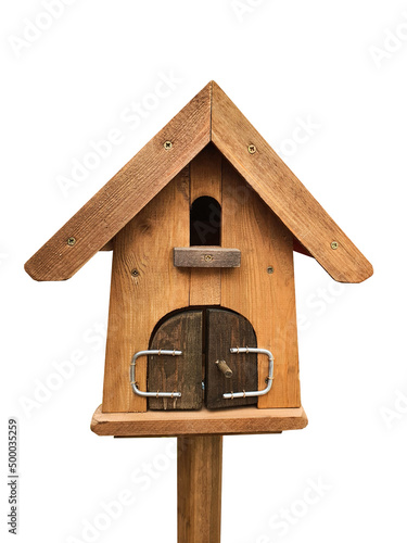 Fotobehang Wooden birdhouse isolated on a white background