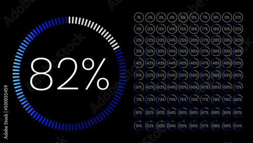 The illustration of 82 percent (82%) is a vector in a circle with a purple, blue, gray on a dark black background. The stat has many percent sets of the rest of the number for a pie chart report