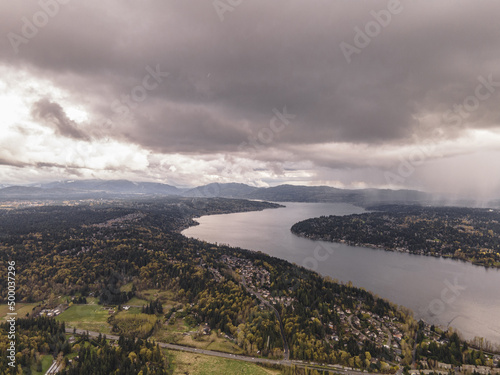 Aerial view of Sammamish Lake and the city of Bellevue in Washington, USA photo