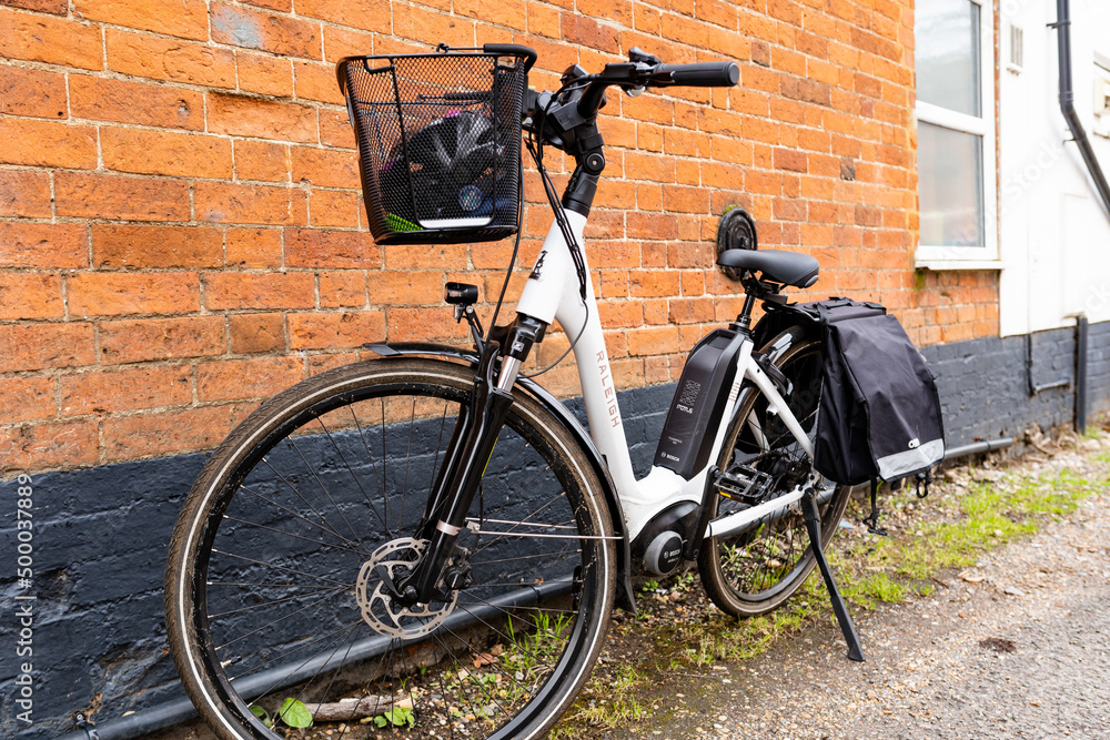 Woodbridge Suffolk UK April 08 2022 A Raleigh electric bike and