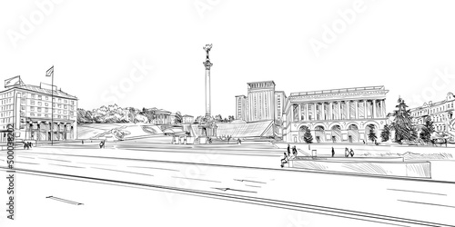 Independence Square. Khreshchatyk street. Kyiv. Ukraine. Hand drawn sketch. Vector illustration.
