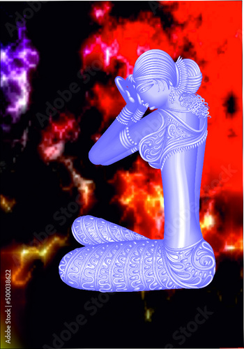 Afraid beautiful sitting woman covered her eyes with hands seeing War Violence Destruction graphic
