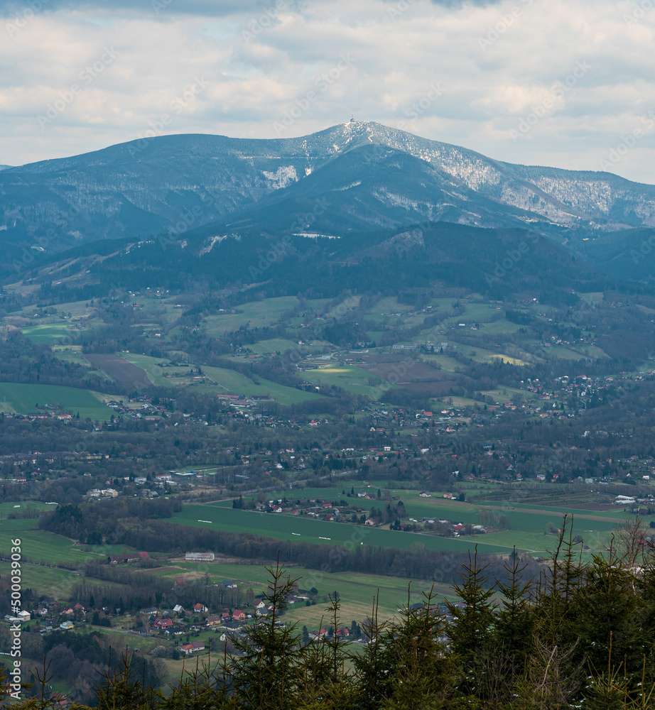 Fototapeta premium Lysa hora from Ondtejnik hill summit above Frydlant nad Ostravici in Czech republic