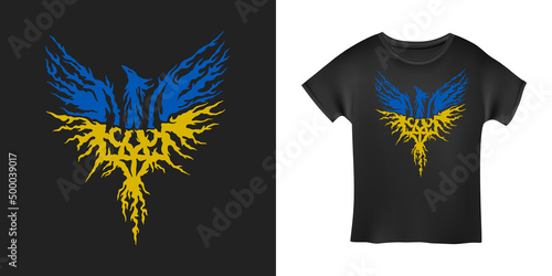 Phoenix Ukraine flag t-shirt design. Hand drawn ukrainian symbol. Stand with Ukraine motivational print. Vector illustration.