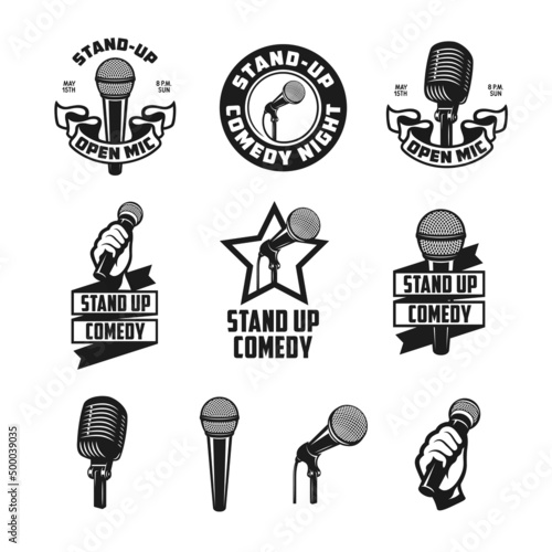 Set of stand up related vintage labels, badges and design elements. Stand up comedy emblems. Microphones isolated on white background. Vector illustration.