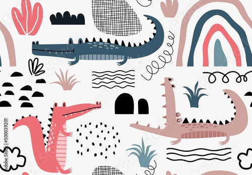 Childish seamless pattern with crocodile.