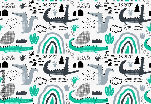 set of cute crocodile print and seamless pattern with crocodiles. vector