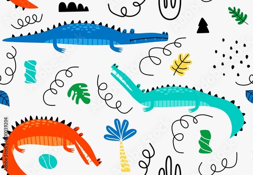 set of cute crocodile print and seamless pattern with crocodiles.vector