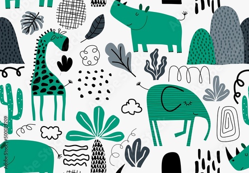 Cartoon cute rhino. seamless pattern