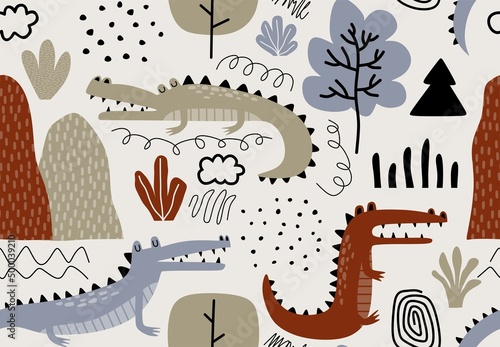Childish seamless pattern with crocodile.