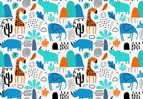 Seamless pattern with cute tropical animals