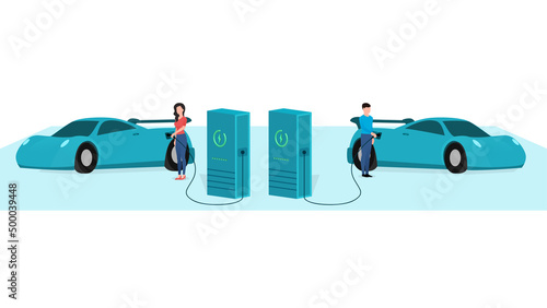 man and woman charging sports car at electric vehicle charging station, vehicle at EV charge Point, business character vector illustration on white background.