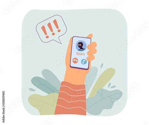 Hand holding phone with spam call on screen. Person receiving suspected incoming call from hacker on smartphone flat vector illustration. Fraud concept for banner, website design or landing web page