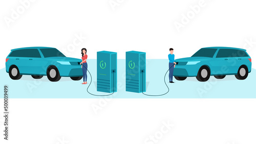 man and woman charging luxury SUV at electric vehicle charging station, vehicle at EV charge Point, business character vector illustration on white background.