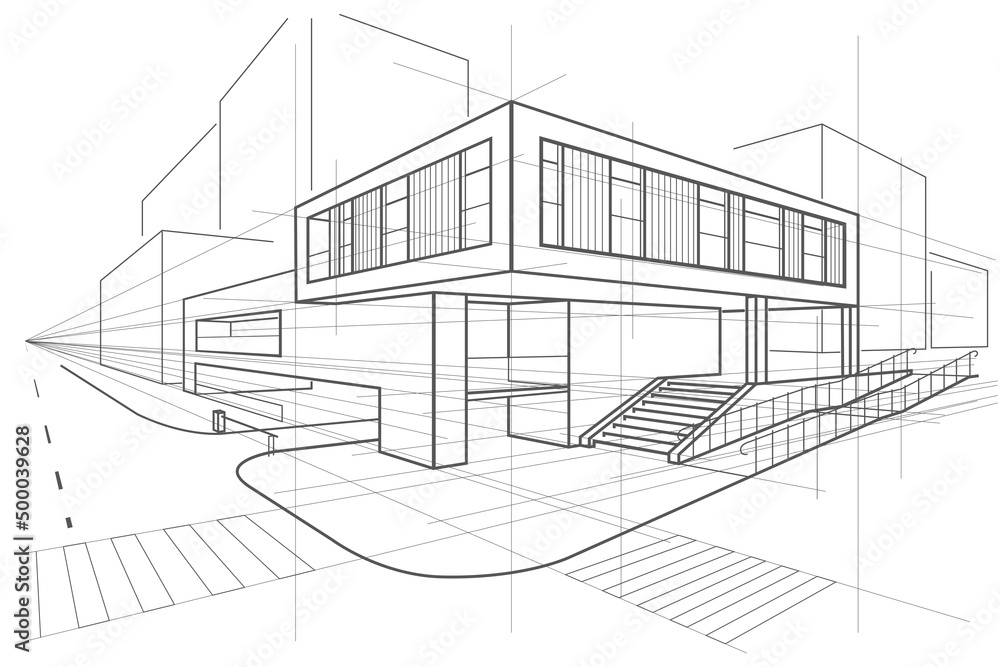 Linear arcitectural sketch office building perspective on white background