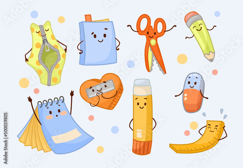 Cute school supplies cartoon characters vector illustrations set. Comic eraser, notebook, pen, sharpener, pencil, pencil case, ruler for studying as mascots, supplies for schoolbag. Stationery concept