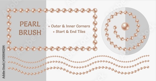 Pattern brush with beige pearl beads. Chain brush with corners, end and start tiles. Classic pastel colors. Isolated on light backgrounds.