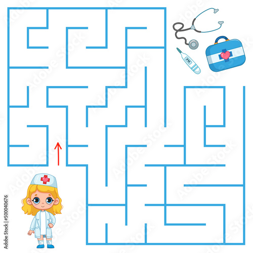 A cute little girl in a nurse costume is looking for a way to the doctor's suitcase and medicines through the maze. Find a way out of the maze. Educational game for children. Cartoon vector.