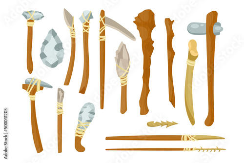 Ancient tools from bones and stones vector illustrations set. Primitive weapons of prehistoric people or barbarians for hunting, knife, axe isolated on white background. History, Stone age concept