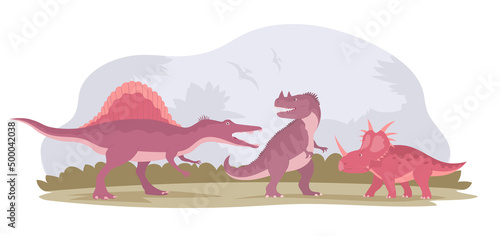 Fight of dinosaurs. Predatory ceratosaurus against herbivorous ankylosaurus and spinosaurus. Extinct animals of the Jurassic period. Ancient pangolin. Vector cartoon illustration