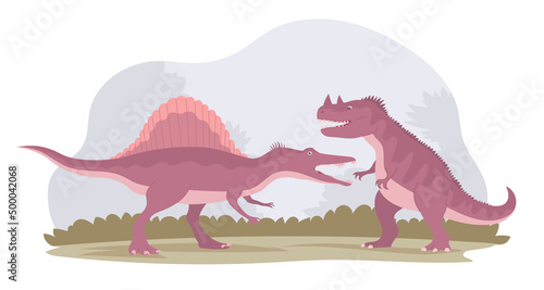 Fight of two dinosaurs. Predatory ceratosaurus against spinosaurus. Extinct animals of the Jurassic period. Ancient pangolins. Vector cartoon illustration