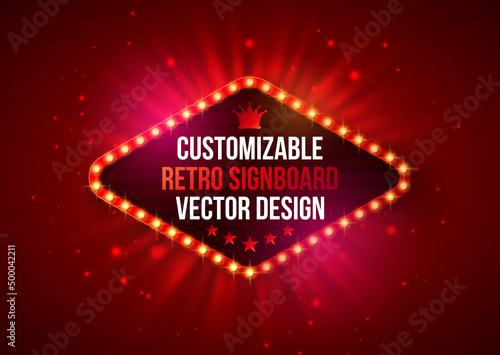Vector Retro Billboard or Lightbox Illustration with Customizable Design on Shiny Red Background. Light Bulb Frame or Vintage Bright Signboard for Show, Night Events, Cinema or Theatre Advertising