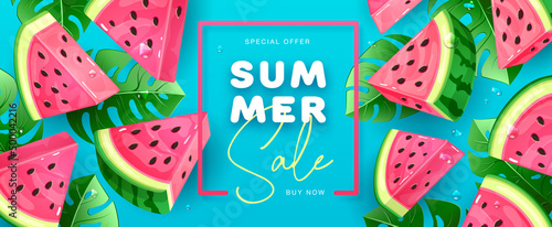 Summer sale poster with slices of watermelon on blue background. Summer watermelon background. Vector illustration