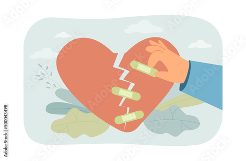 Hands putting plaster on broken heart flat vector illustration. Recovering from a relationship breakup. Romance, relationship, suffering, love concept for banner, website design or landing web page