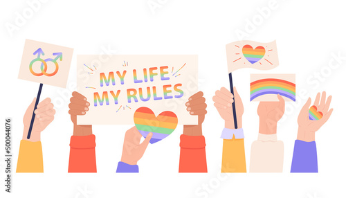 LGBT placards in hands flat vector illustration. People holding rainbow transgender flags, gender signs for gay parade, celebrating pride month, striving for solidarity and equality. Freedom concept