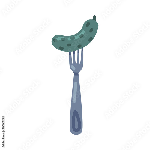 Pickle or Sour Gherkins on Fork as Russian Snack and Appetizer Vector Illustration