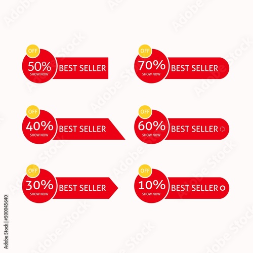 Sales tag set. Ribbon sale banner. Red ribbon prices and discount labels. Red starburst sticker. Vector illustration.