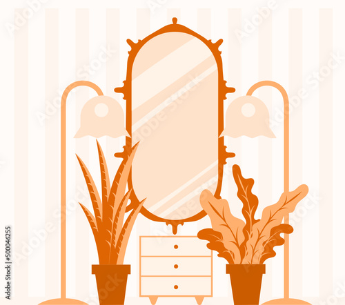 Interior with mirror and indoor plants. Two lamps and a bedside table with drawers in the room.
