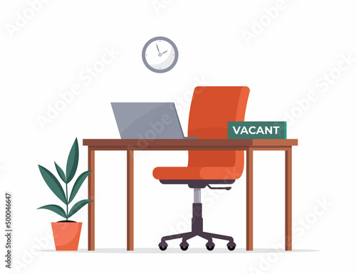 Vacant office workplace. We are hiring employment vacant sign. New company executives vacancy. Empty office armchair for executive. Recruitment and people management vector concept illustration.