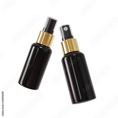 3D rendering of a small black and gold cosmetic bottle with sprayer on a white background photo