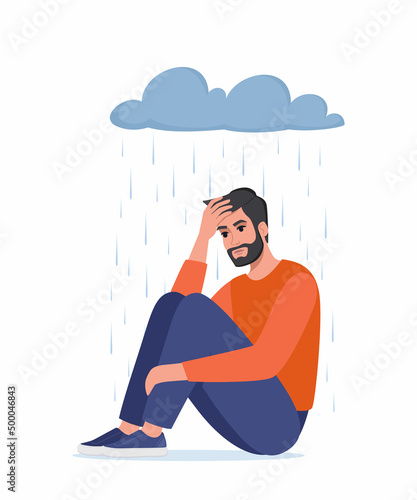 Young depressed man sitting under metaphoric rainy cloud. Lonely sad male hugging his knees. Concept of depression, mental health, psychology problem, abuse. Vector illustration.