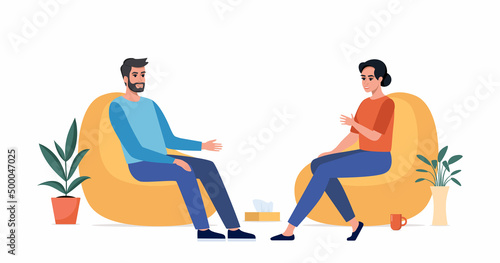 Female psychotherapist has an Individual session with her patient. Man sits on the chair and tells something to his counselor. Talk therapy concept. Vector illustration.