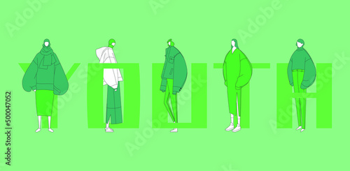 Vector design of five ladies with casual outfits and the word YOUTH on isolated green chroma key